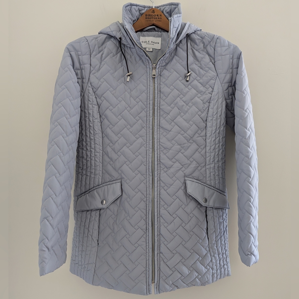 COLE HAAN Signature Quilted Hooded Jacket WOMEN'S S Small Outdoor Sky Blue MINT - Picture 14 of 15